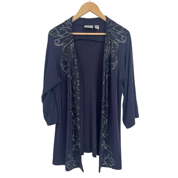 Chicos Travelers Floral Trim Navy Blue Open Front Cardigan Large (2) - Picture 1 of 3